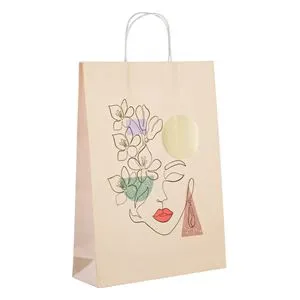 Sacosa cadou din hartie kraft somon cu model abstract si folie, 33x10x45 cm