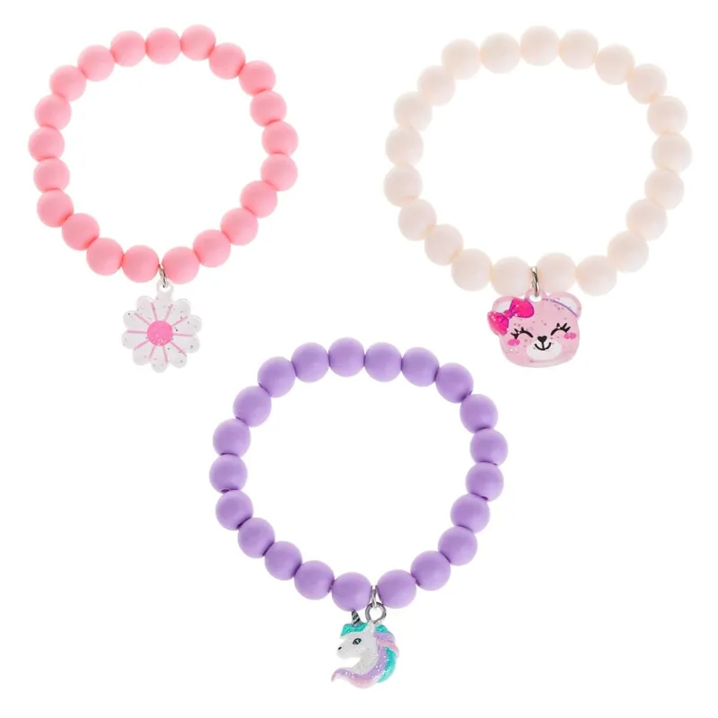 Bratari pentru copii cu margele mate si charms, Set 3 buc, Roz, Lila si Ecru