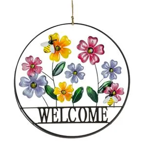 Decoratiune suspendabila metalica rotunda cu cadru negru si flori, Ø37cm