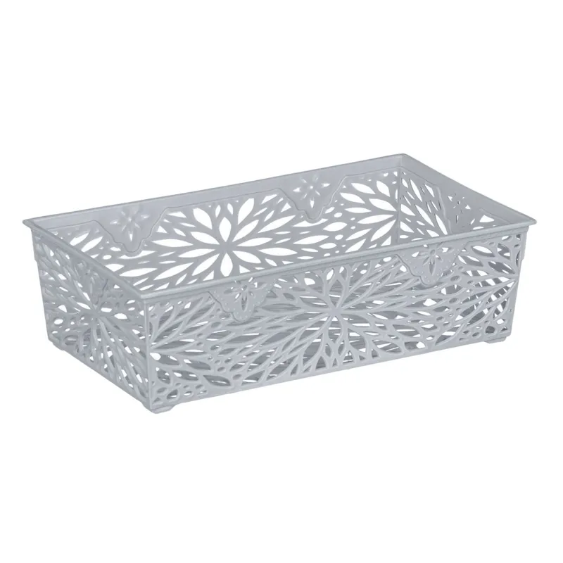 Cos de depozitare plastic gri cu design floral perforat pentru organizare