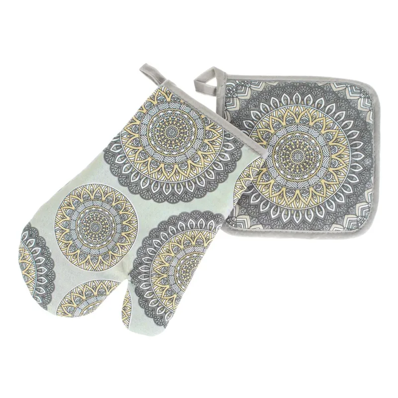 Set Manuse și Servete de Bucătarie Gri cu Mandala Galben
