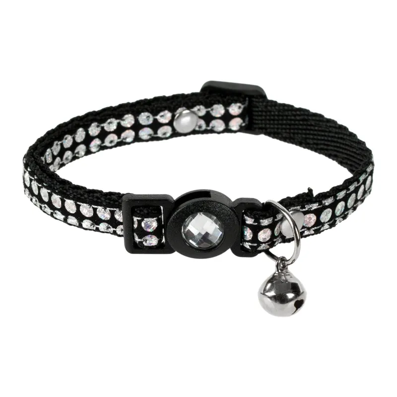 Zgardă elegantă pentru pisici cu strass și clopoțel neagră reglabilă