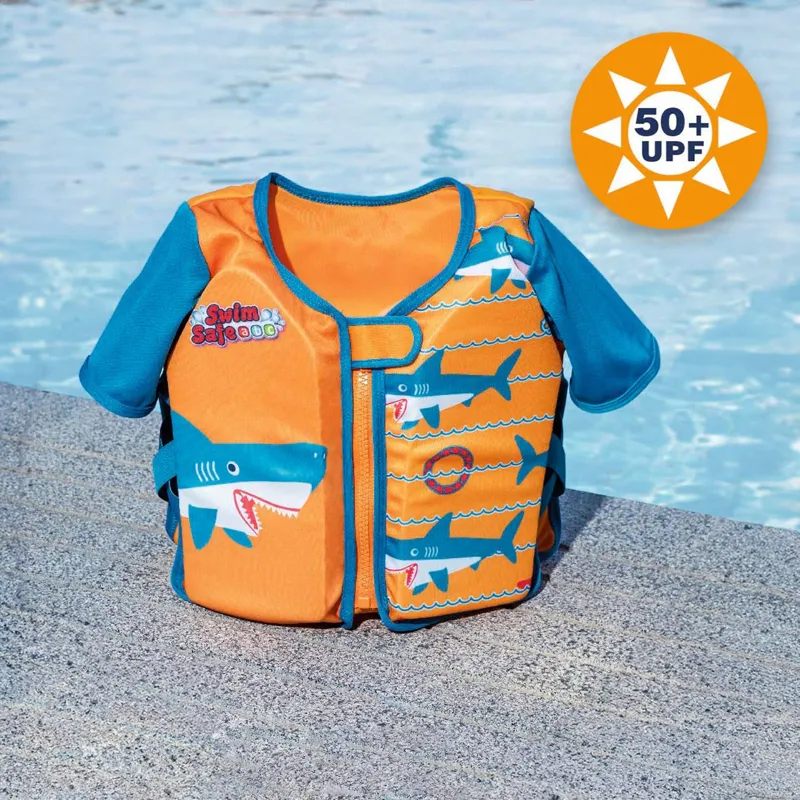 Vesta de inot cu maneci din spuma, model rechin, pentru copii 3-6 ani (19-30 kg), portocalie