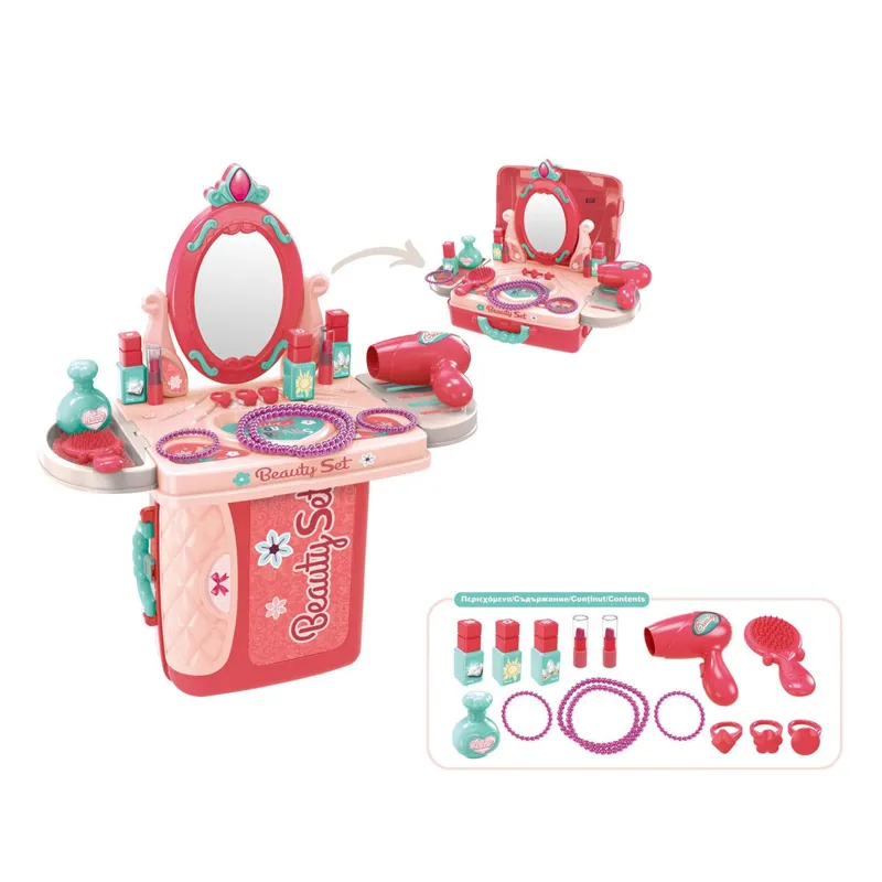 Valiza Bijuterii Roz cu Oglindă și Accesorii – 14 Piese, 26x10x20cm