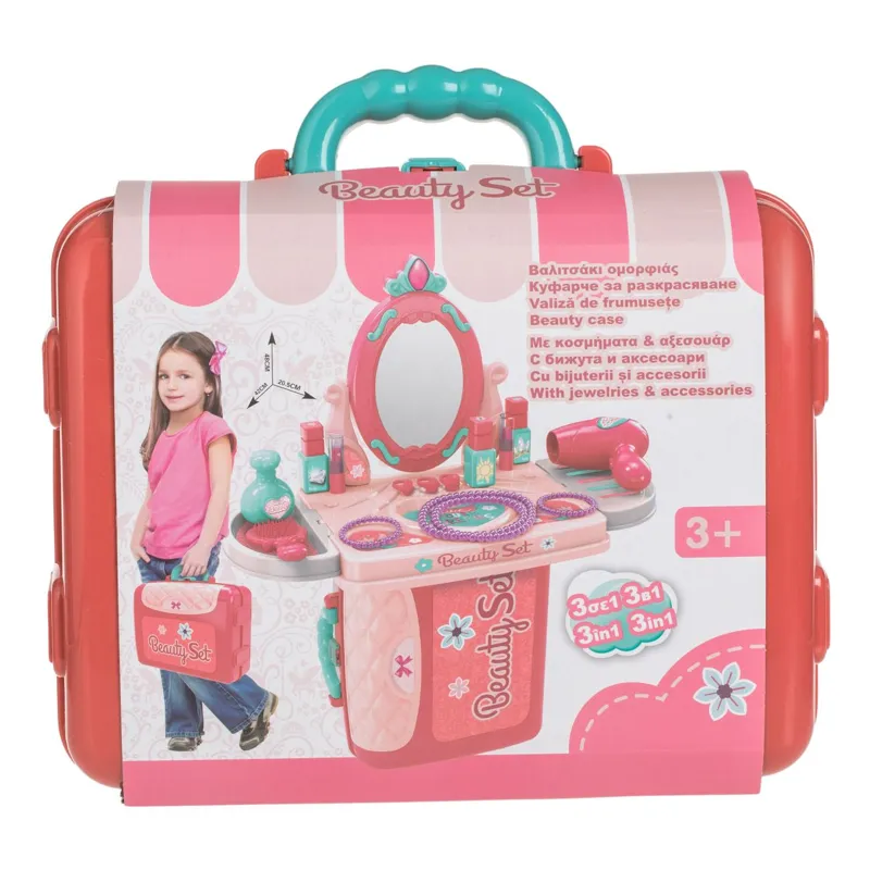 Valiza Bijuterii Roz cu Oglindă și Accesorii – 14 Piese, 26x10x20cm – poza 7