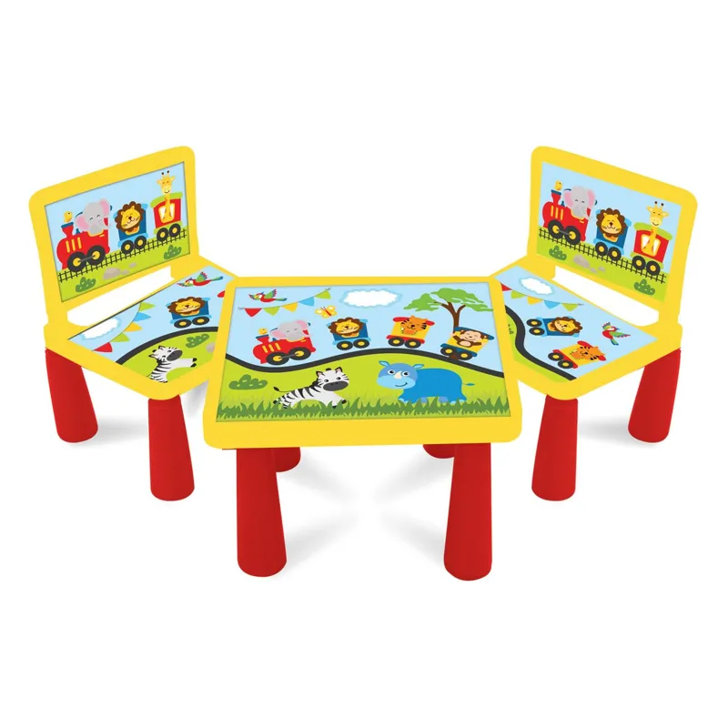 Set Masa si 2 Scaune din Plastic pentru Copii, cu Model Trenulet, Galben