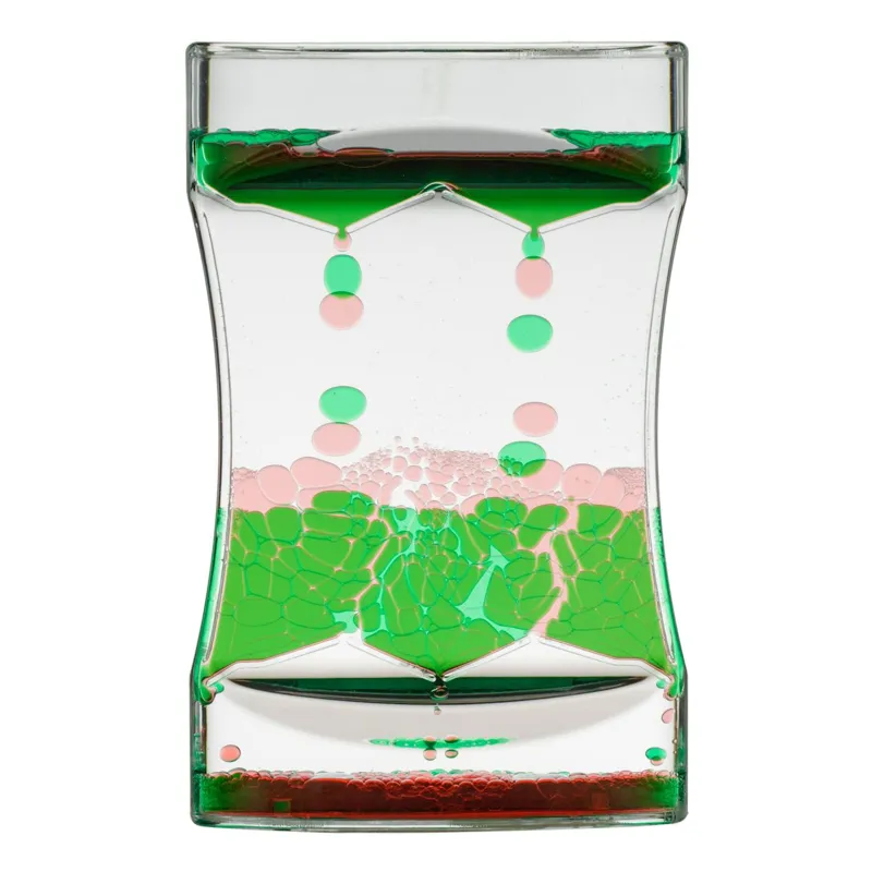 Clepsidră plastic transparentă cu lichid colorat, formă triunghiulară