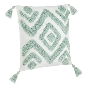 Pernă decorativă cu model geometric 3D, 43x43 cm, albă cu accente verde menta și franjuri