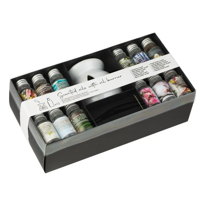 Set Uleiuri Parfumate cu Suport din Lut Alb, 12 x 12 ml, Arome Diverse