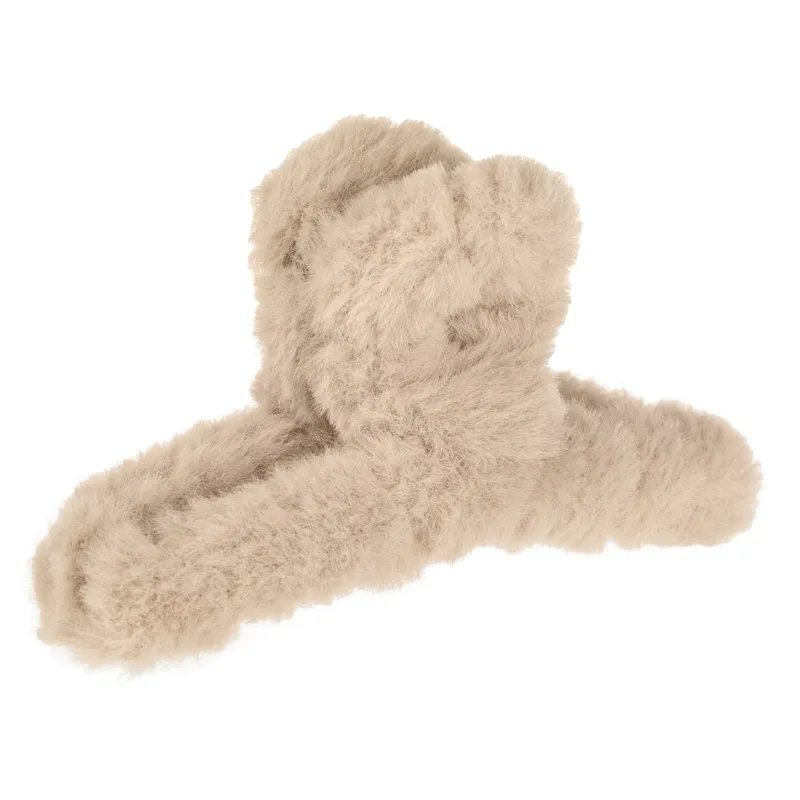 Clamă de păr cu blană artificială bej, model buclă, 12 cm