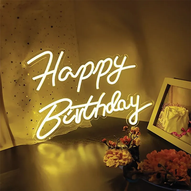 Lampa LED Neon Alb Cald Happy Birthday, 40.8x29.5cm