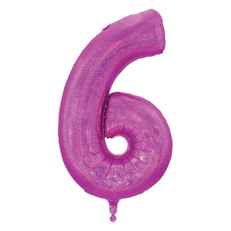 Balon petrecere fucsia holografic număr 6 din folie aluminiu