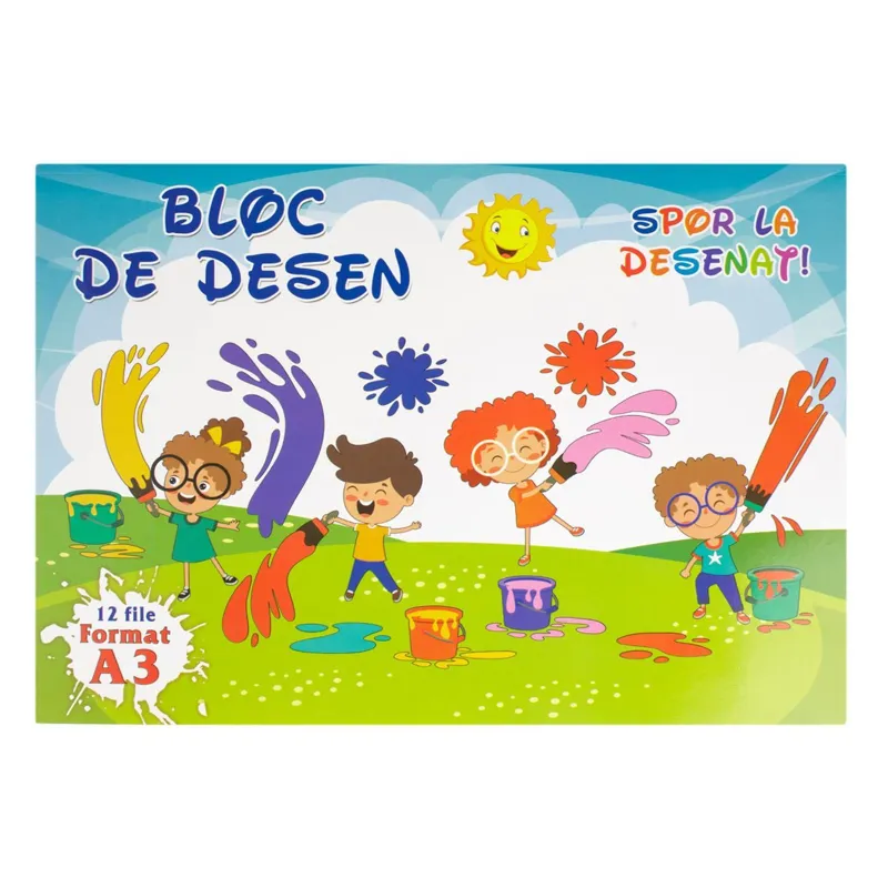 Bloc de desen A3 pentru copii, 12 file albe, coperta vesela cu model copii