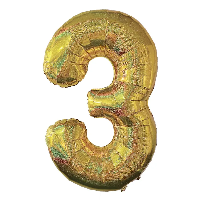 Balon petrecere holografic aurie cu cifră 3, dimensiune 110cm