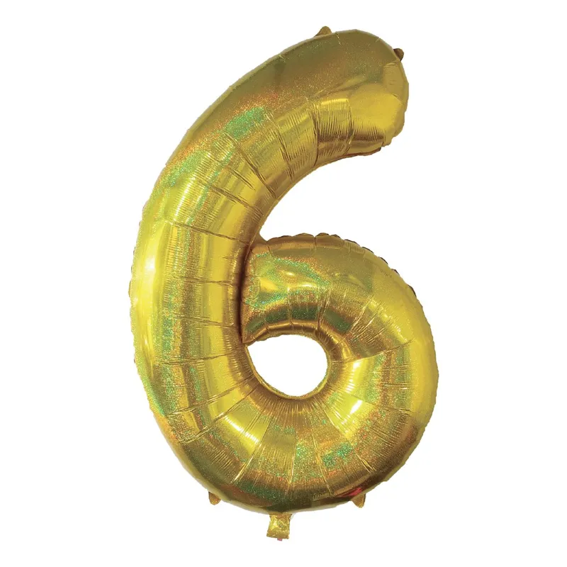 Balon Petrecere Holografic Cifra 6 Aurie Aluminiu