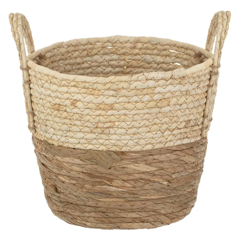 Cos de depozitare rotund din fibra de porumb, cu manere, 26x22 cm, Bej si Maro