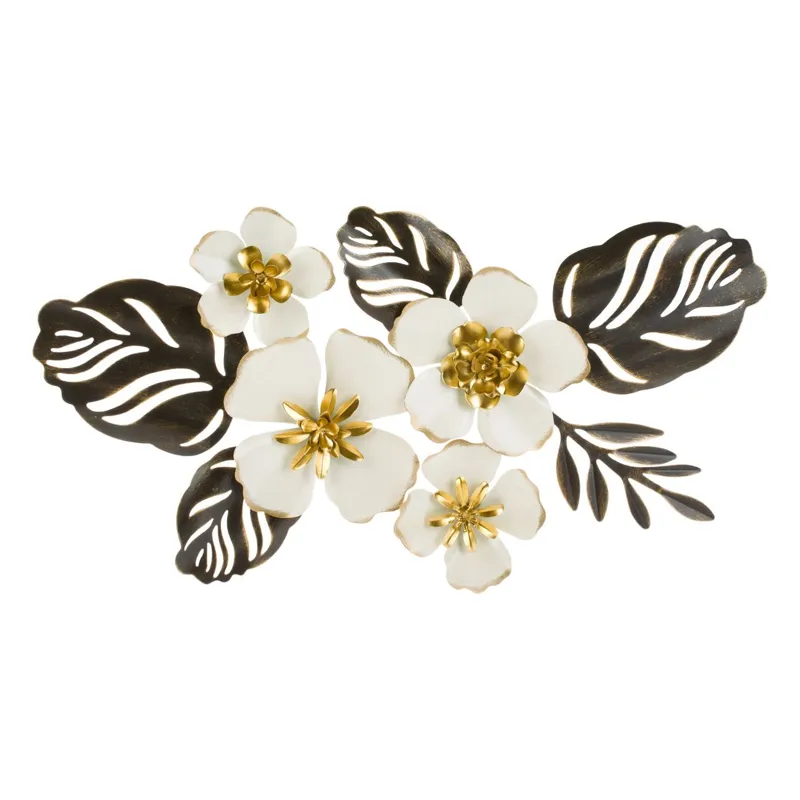 Decoratiune de perete cu flori metalice, ecru si auriu, 65x36x3.5cm