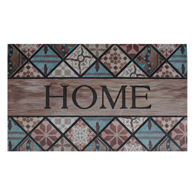 Covoras de intrare cu model placi si mesaj Home, 75x45cm, maro si albastru