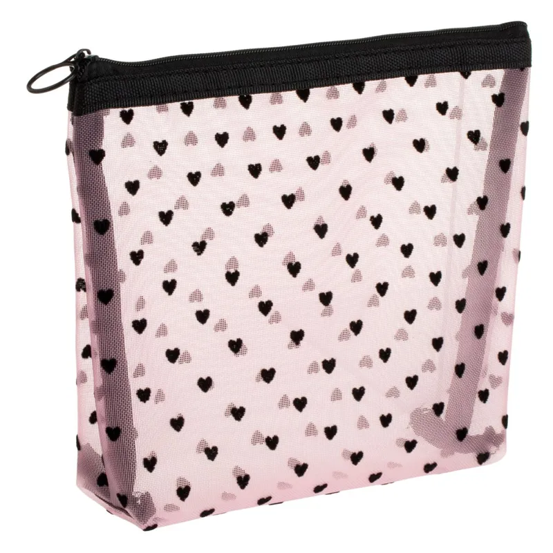 Portfard transparent roz cu inimioare, 19x4x16.5 cm