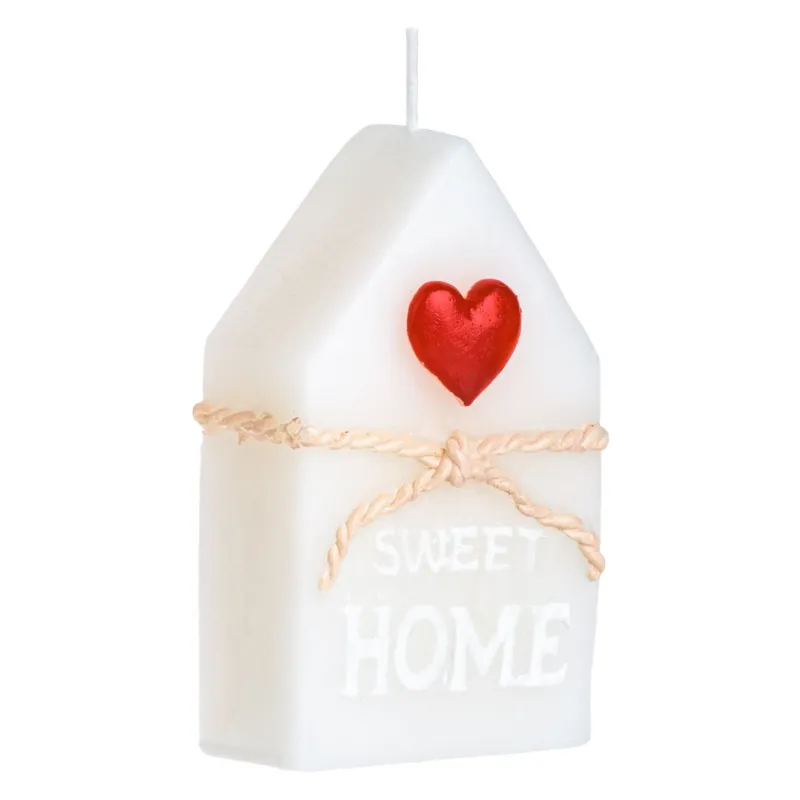 Lumanare decorativa 3D in forma de casa, Alba, cu inima rosie si mesaj Sweet Home, 5x3x8.5cm