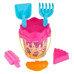 Găleată de plajă cu model înghețată, Ø17x20 cm, Set cu 5 accesorii, Roz