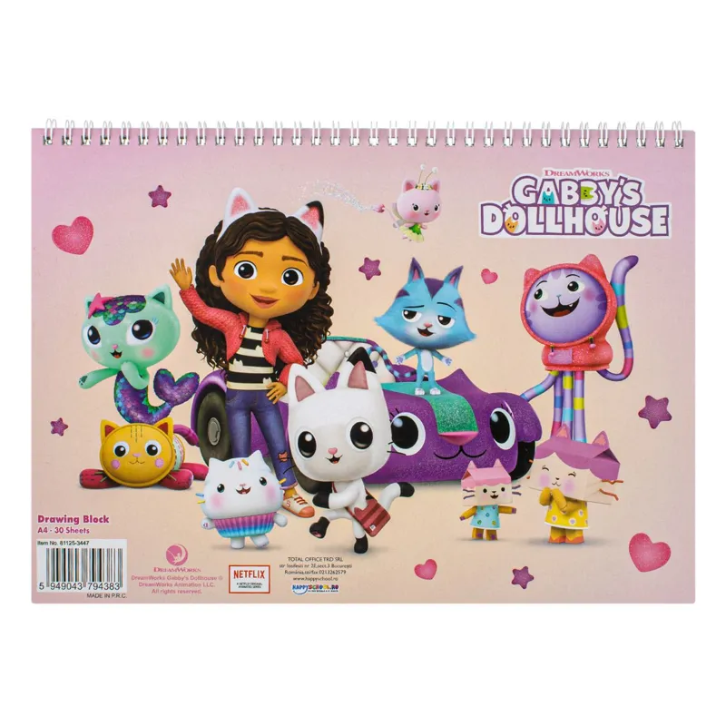 Bloc de desen A4 cu spirala, 30 file, coperta moale, model Gabby's Dollhouse
