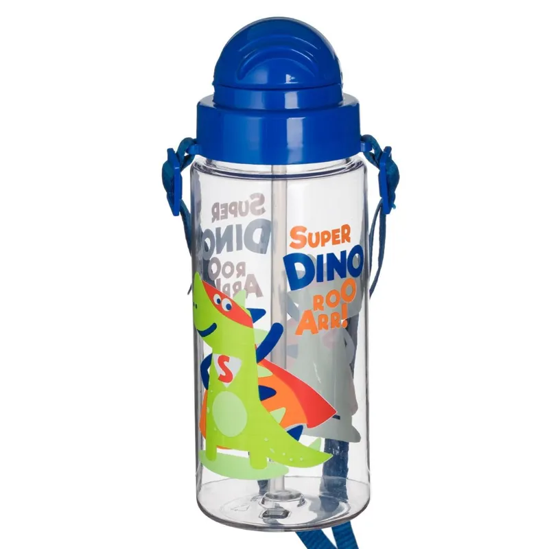 Sticla de apa pop-up cu dinozaur pentru copii, 500 ml, transparenta cu capac albastru