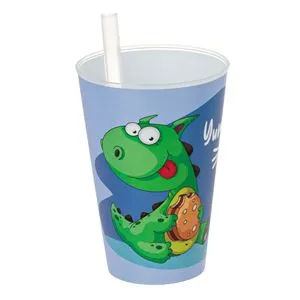 Pahar din plastic cu pai incorporat, Dinozaur, 400 ml, Albastru
