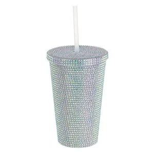 Pahar din plastic cu pereți dubli, capac și pai, 450 ml iridescent