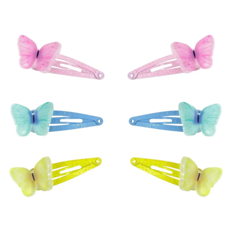 Clame de păr metalice cu fluturi 3D și glitter, set 6 buc, 4 cm, multicolor