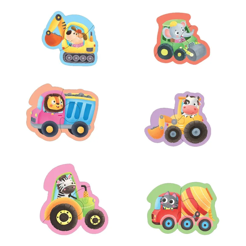 Puzzle cu 6 Vehicule cu Animale pentru Bebelusi, 12 piese, Multicolor, Carton