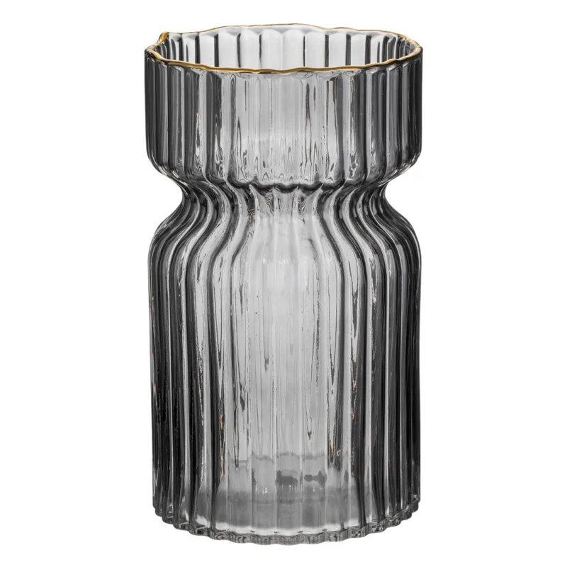 Vază decorativă cilindrică din sticlă neagră cu margine aurie