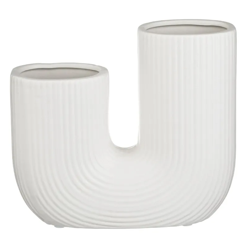 Vază ceramică albă dublă cu dungi reliefate 18x6x16.5cm