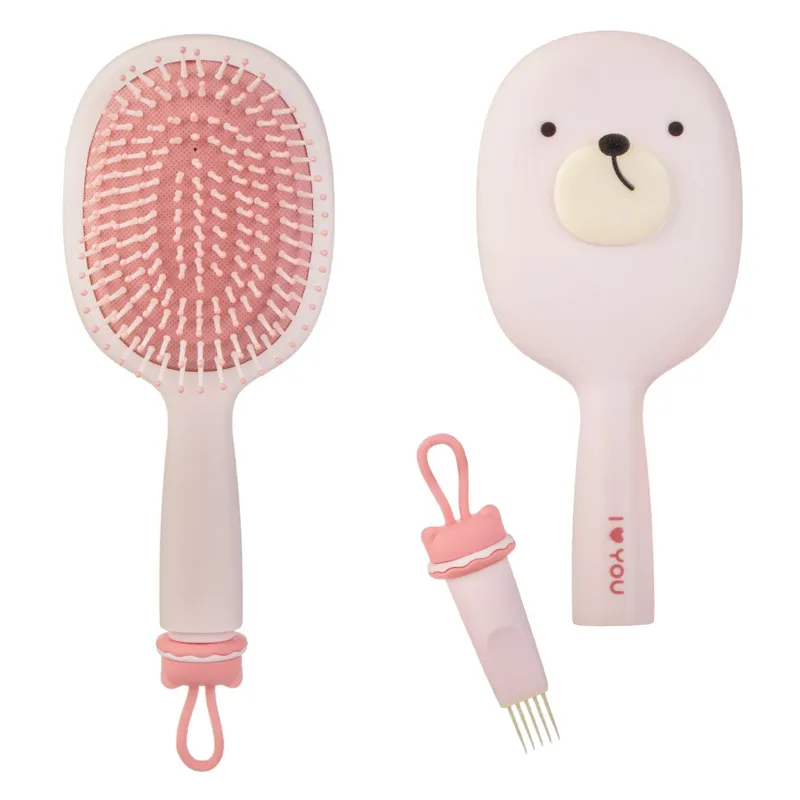 Perie de păr ovală pentru copii, cu perie de curățat, roz, model animal, 25 cm