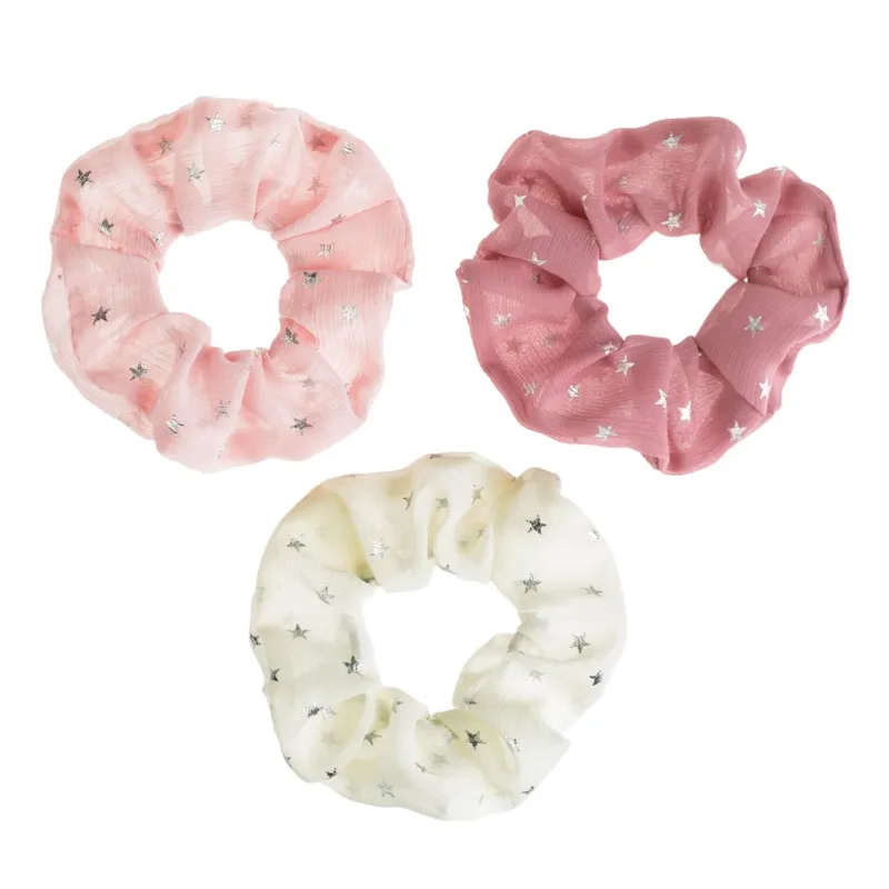 Elastice de par din organza cu stele, Set 3 buc, Roz, Ecru si Maro