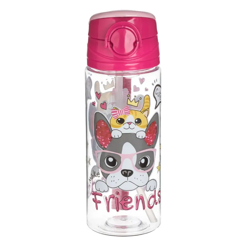 Sticla de apa cu mecanism pop-up, 500 ml, Transparenta, cu design Catel si Pisica