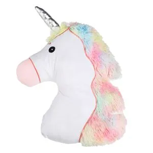 Pernă decorativă formă de unicorn, albă, cu coamă colorată, 33x45cm