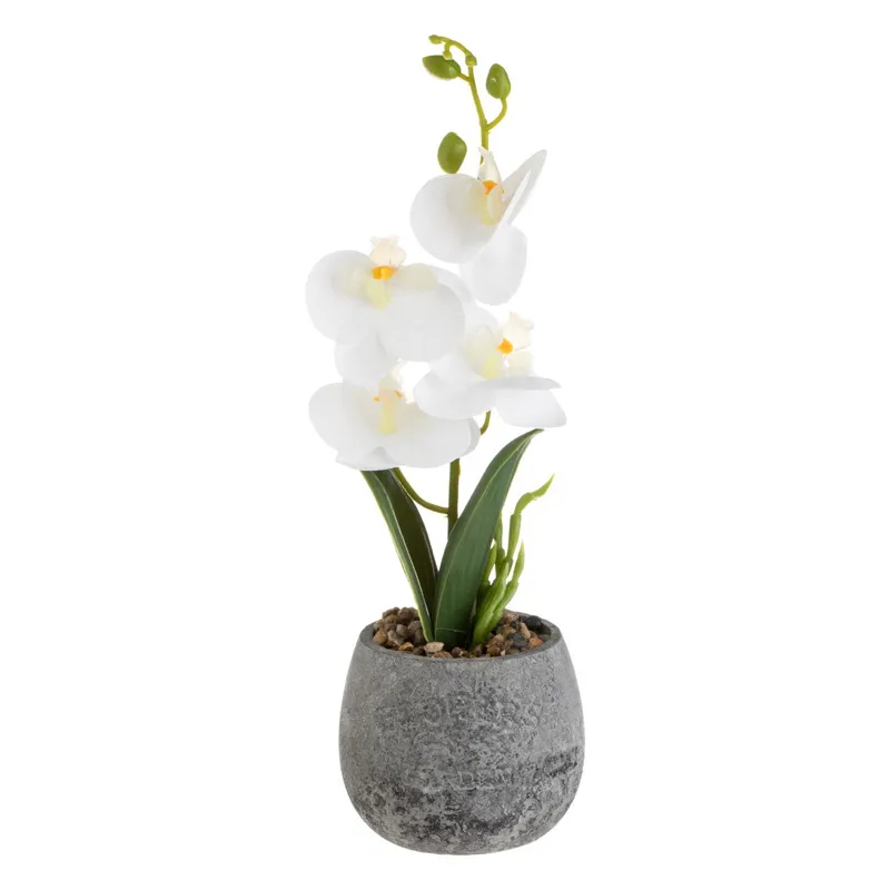 Ghiveci decorativ ceramic gri cu floare artificiala orhidee albă Ø10x30cm
