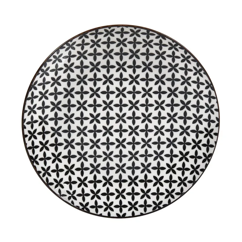 Farfurie Întinsă din Portelan cu Model de Flori Alb/Negru, 19cm