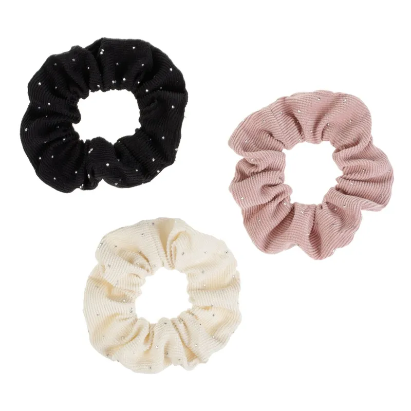Set 3 Elastice de Păr Textile cu Strass pentru Copii, Ecru, Negru și Roz