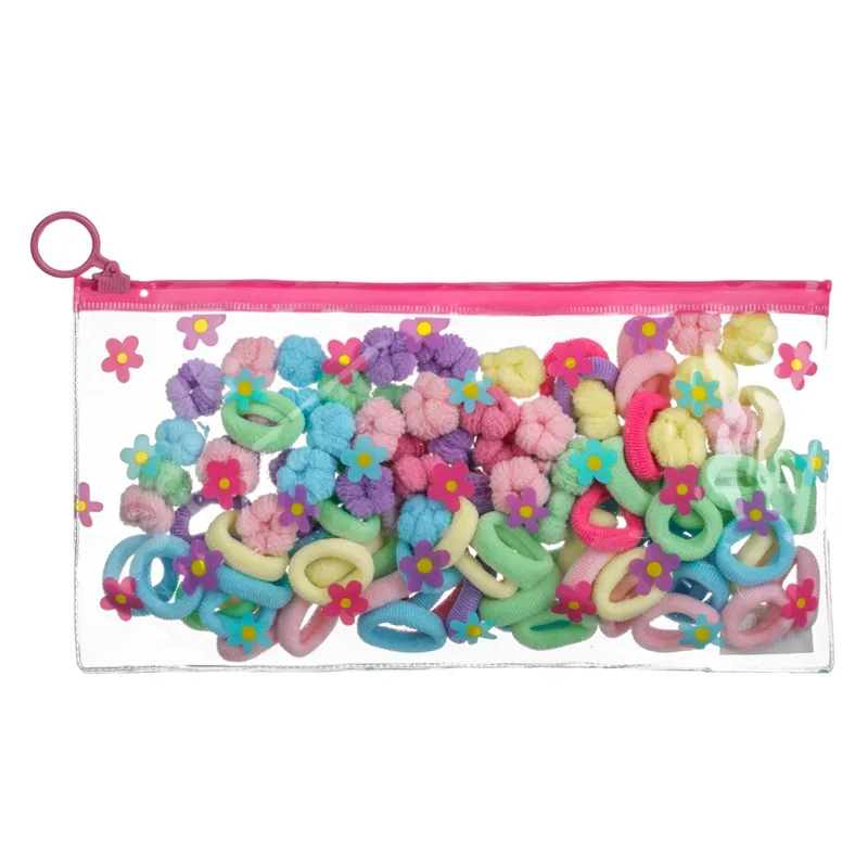 Set 100 de Elastice de Par pentru Copii, Diverse Culori, Material Textil, Geanta Transparenta cu Fermoar