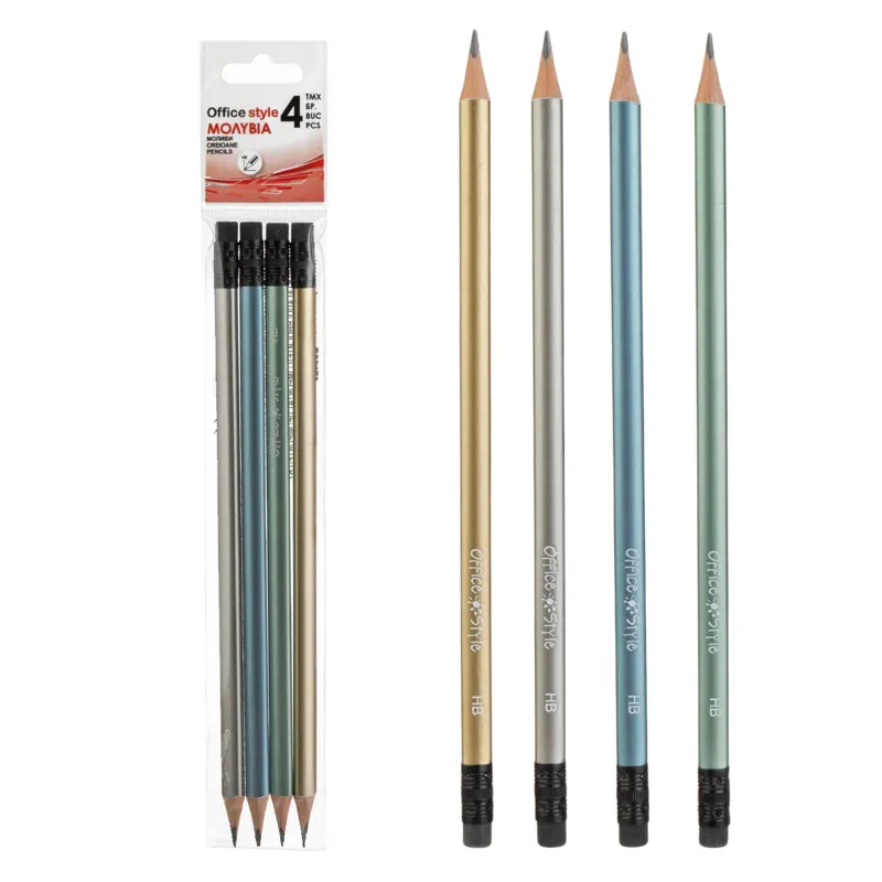 Creioane HB cu Radieră în Culori Metalizate Office Style - Set de 4 Bucăți