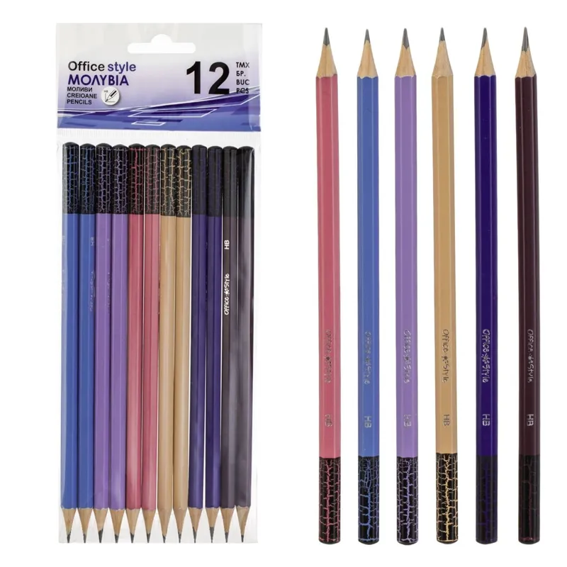 Set de 12 creioane HB, 6 culori diferite, fără radieră