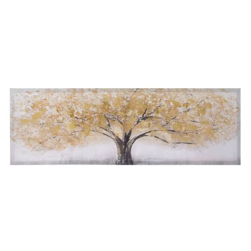 Tablou decorativ cu pictură în ulei, copac și detalii aurii glitter, 90x30 cm – poza 2