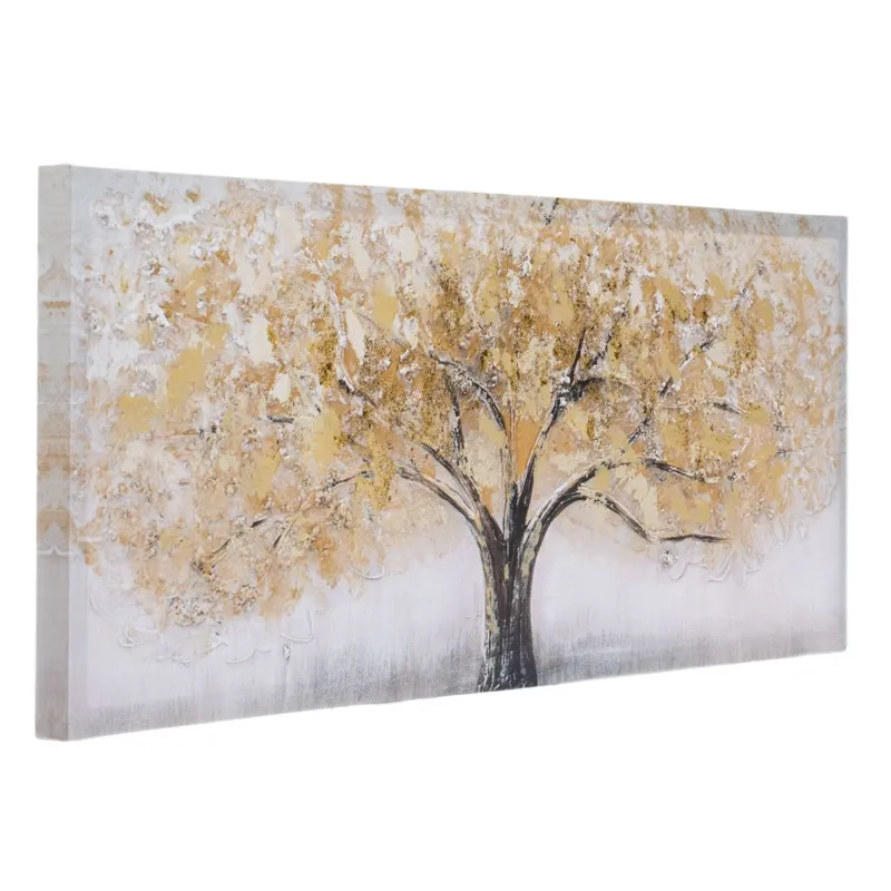 Tablou decorativ cu pictură în ulei, copac și detalii aurii glitter, 90x30 cm – poza 3