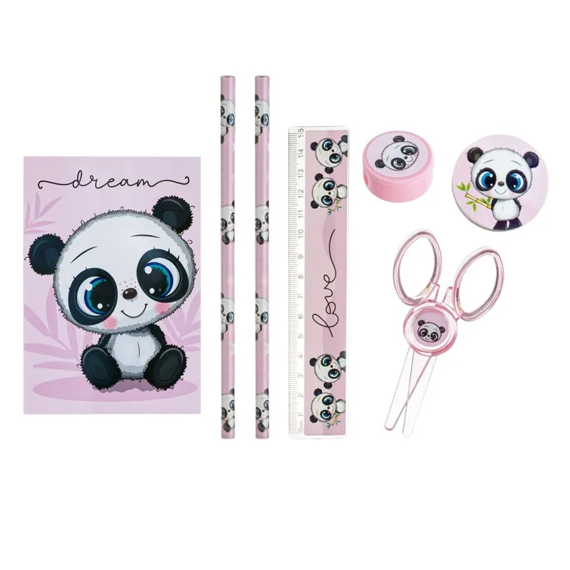 Set Școlar cu Model Panda, 7 piese, Roz