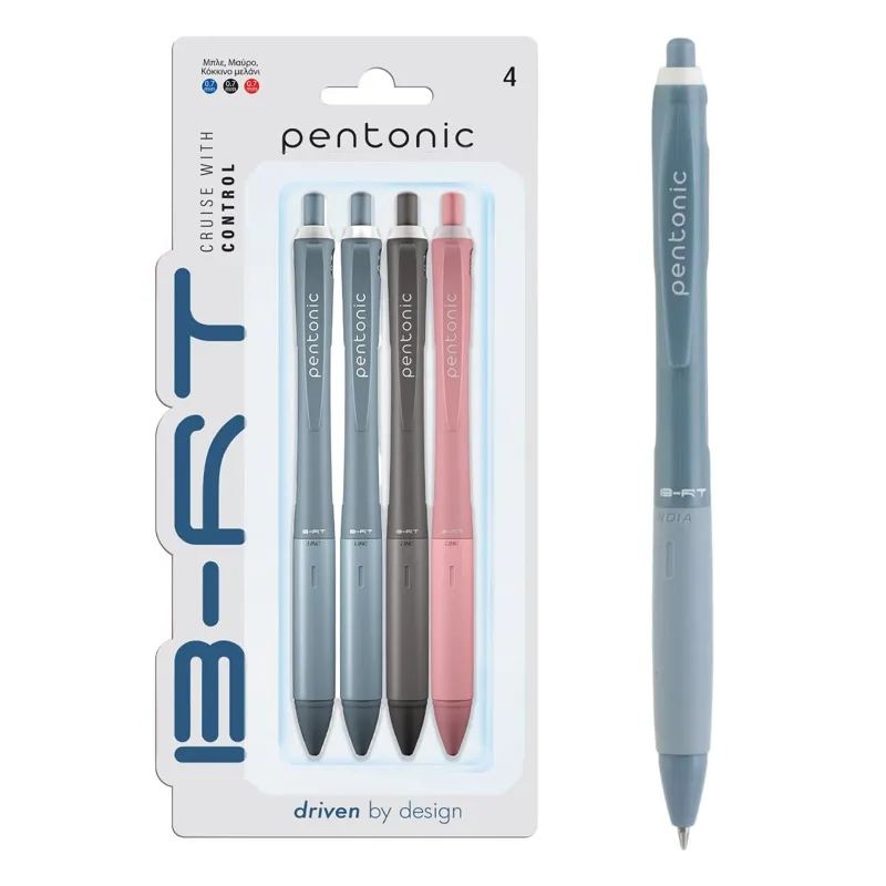 Set Pixuri Ballpen cu Grip Moale, 4 buc, 0.7mm, Albastru/Negru/Rosu