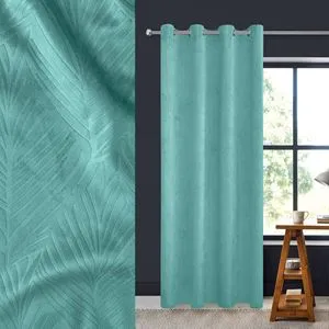 Perdea decorativa opaca, catifelata, petrol, cu model frunze tropicale reliefate, cu inele, 140x260cm