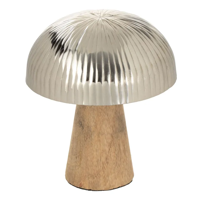 Ciupercă decorativă de masă din lemn argintie și picior maro pentru un decor uni
