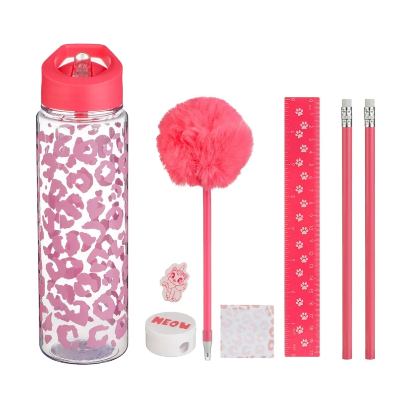 Set Școlar cu Sticlă Flip Top și Accesorii, Roz, 8 Piese